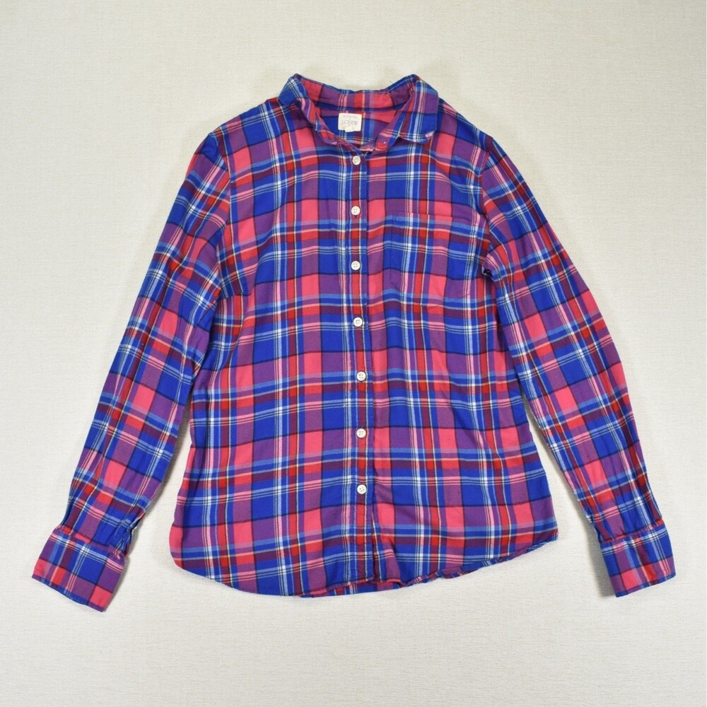 J. Crew Perfect Shirt Womens Small Flannel Plaid Button Down Pink Blue Tartan